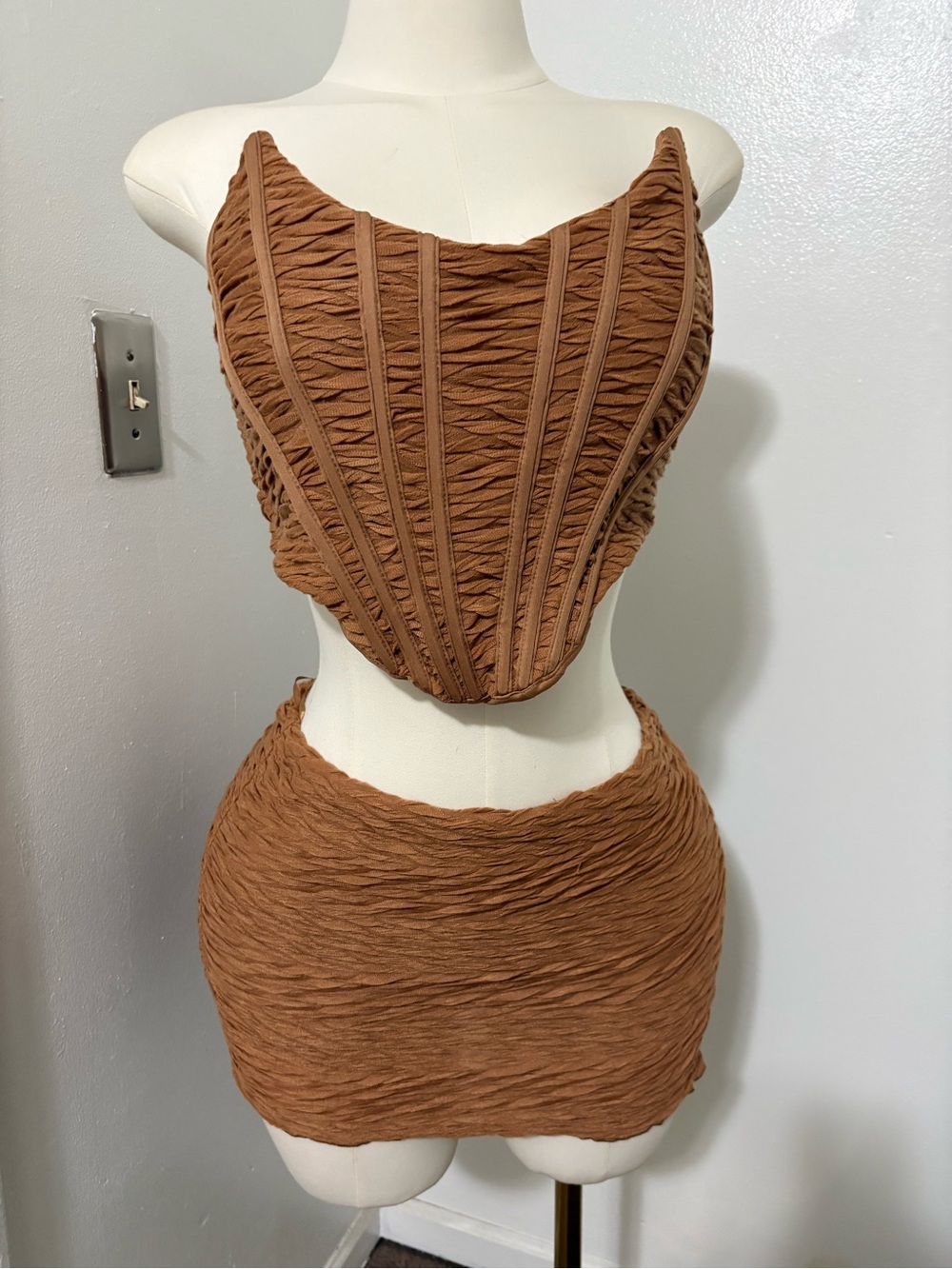 Fashion Nova Brown Textured Corset Crop & Mini Skirt Set NWT